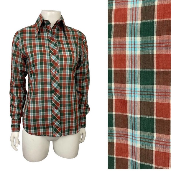 1980s Autumn Colored Plaid Shirt Button up Western Top / Women’s XS * - Picture 1 of 5